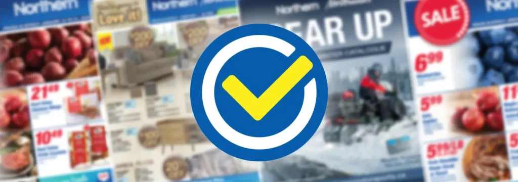 Yellow checkmark inside a blue circle with various flyers and catalogues blurred in the background